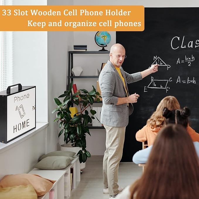 Echaprey Cell Phone Holder Classroom Pocket Chart Wooden Cell Phone Storage Cabinet with Lock 33 Slots Desktop Cell Phone Holder for Classroom Office (33 Slots Black)