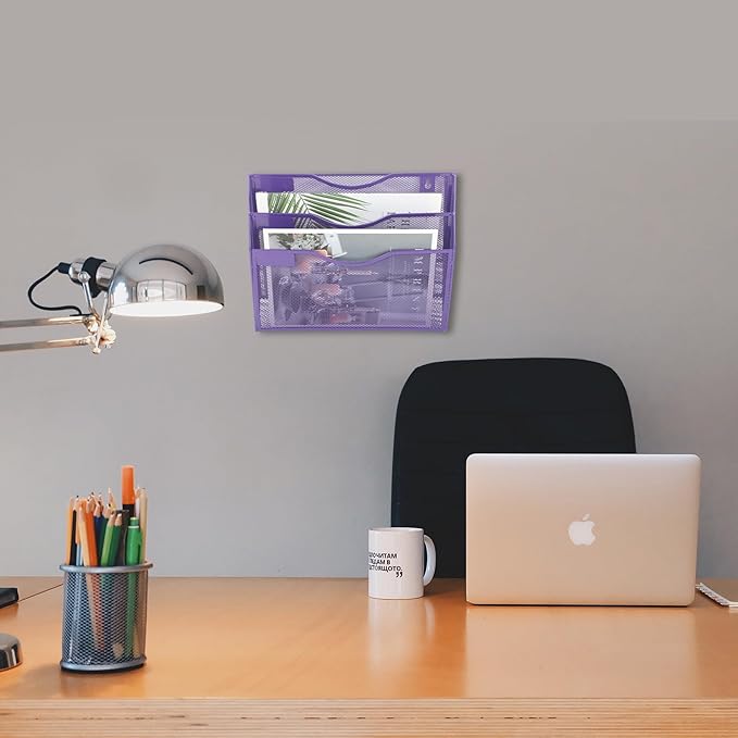 EASEPRES 3 Pocket Mesh Hanging Wall File Organizer, Wall Mounted Mail Paper Document Folder Holder, Clipboard Storage Organization Magazine Rack with Nametag Label for Office School Home, Purple