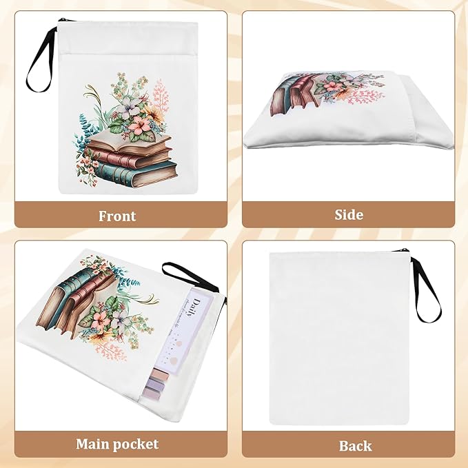 Book Sleeve Pouch Waterproof Book Sleeves with Zipper and Front Pocket,Book Covers for Paperback,Floral Print Book Protector Bag with Handle for Book Lovers Bibliophile Gifts(11.8 * 9.4inch)