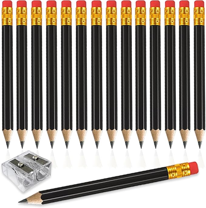 Adhere 25pcs Half Pencils Golf Pencils with Eraser Pre-sharpened Hexagon Woodcase Pencils Graphite 2B including a Sharpener for Golf Event Scoring,Classroom,Wedding,Pew, Pocket (Black)