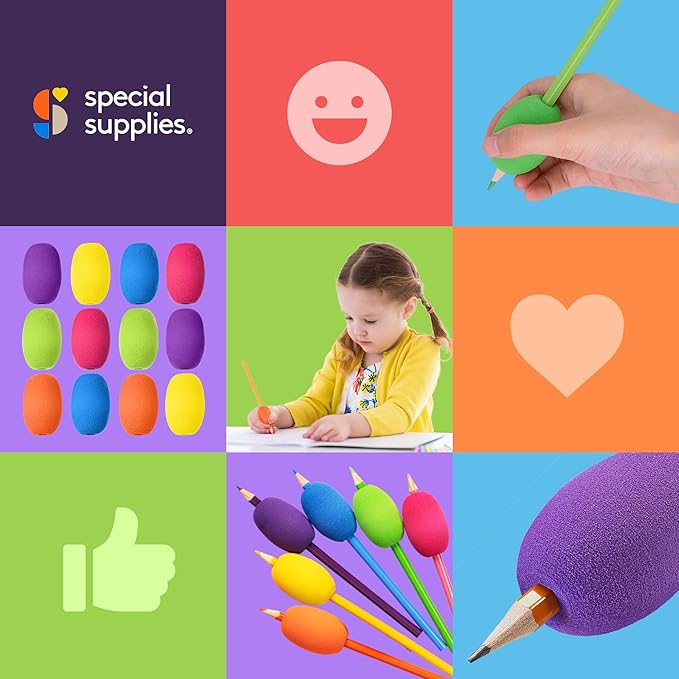 Special Supplies Egg Pen-Pencil Grips for Kids and Adults Colorful, Cushioned Holders for Handwriting, Drawing, Coloring - Ergonomic Right or Left-Handed Use - Reusable (12-Pack)