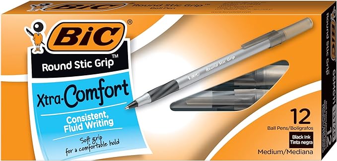 BIC Round Stic® Grip™ Xtra-Comfort Medium Ball Point Pen, Black, 12 Pack