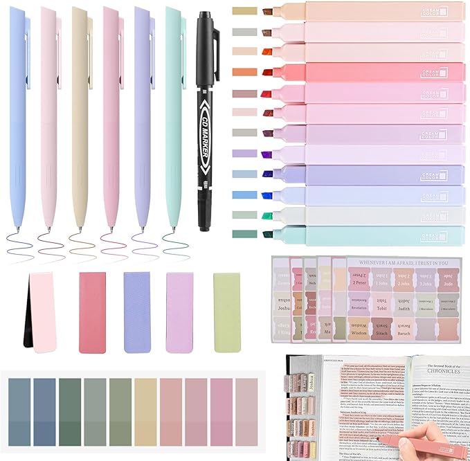 Bible Journaling Kit, Include 12 Bible Highlighters and 6 Pens No Bleed, 90 Laminated Bible Tabs, Magnetic Bookmarks, Sticky Notes, Bible Study Supplies Essentials Set for Women & Men