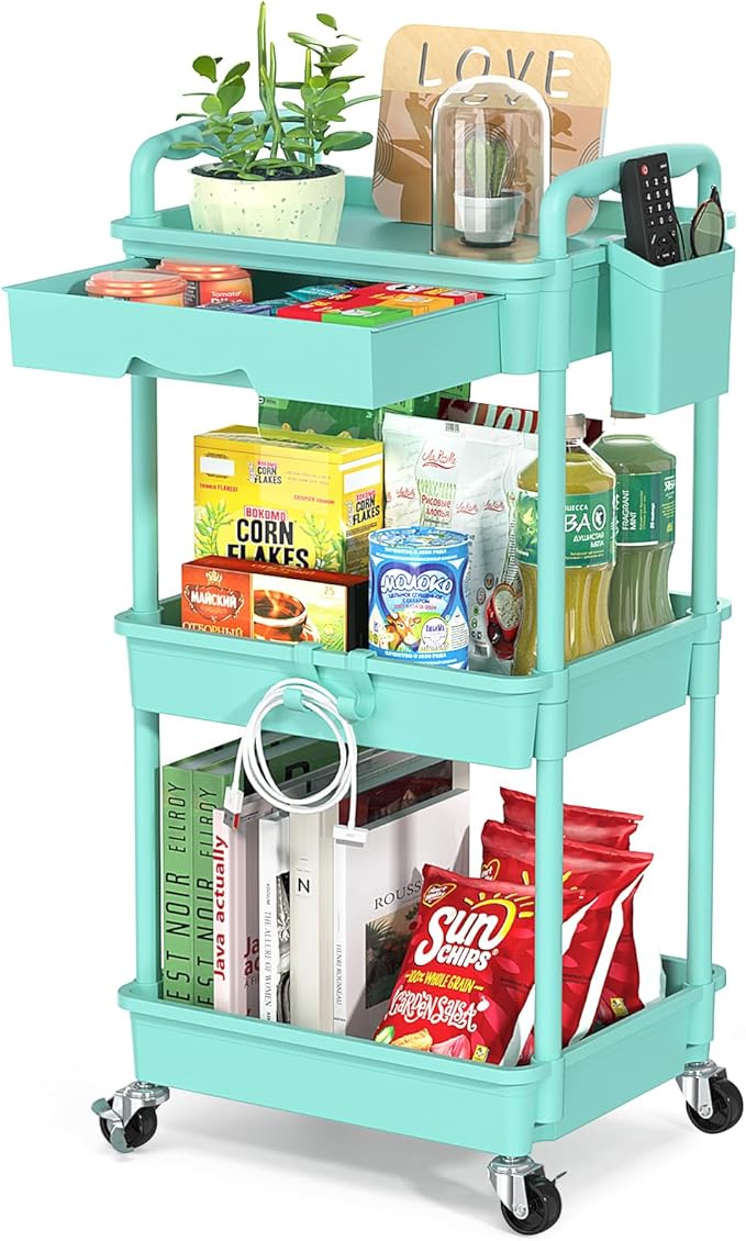 Rolling Utility Cart with Drawer 3 Tier, Utility Storage Organizer with Plastic Shelf & Lockable Wheels Multifunctional Storage Cart for Kitchen, Bathroom, Office, Living Room, Blue