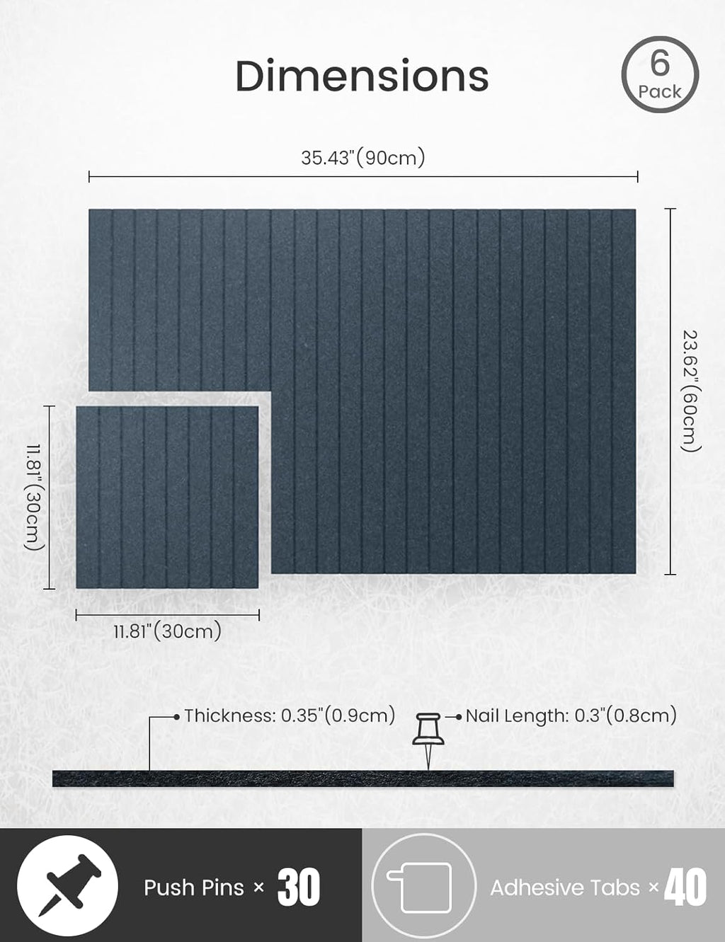 Bumusty Large Cork Board Alternative-36 x24 Felt Bulletin Board, with 30 Pushpins, 40 Adhesive Tabs, 6-Pack Slat Wall Paneling, Cork Boards for Office Push Pin Board Felt Board-Deep Charcoal Blue