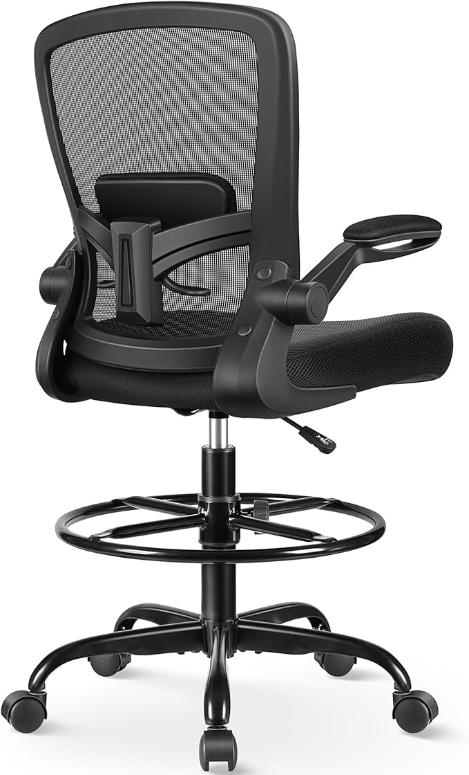 FelixKing Drafting Chair Ergonomic Tall Office Chair, Breathable Mesh Chair with Adjustable Footrest Ring Lumbar Support Flip-up Armrests, High Back Executive Comfy Task Computer Chair for Home Office