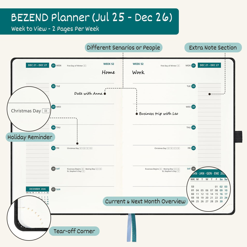 BEZEND Weekly Planner 2025-2026 with 2 Columns, 8.5" x 11" Academic Calendar 18 Months (Jul 25-Dec 26) Life Work Appointment Book with Monthly Tab, PU Leather Hardcover - Mustard