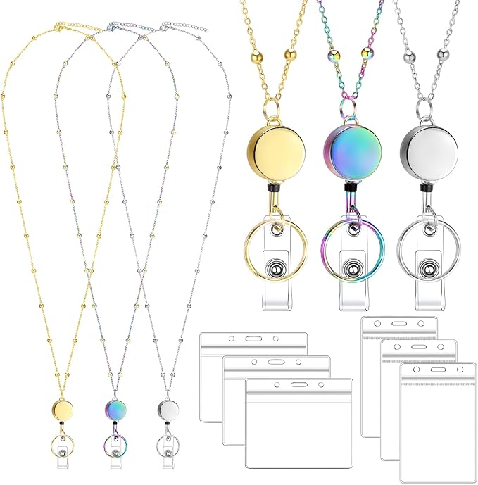 Lanyards for Id Badges 3 Pack Badge Lanyard with 6 Pcs Id Badge Holder Retractable Stainless Steel Teacher Lanyards Cruise Ship Lanyards for Girl Women (Gold, Silver, Bright Blue)