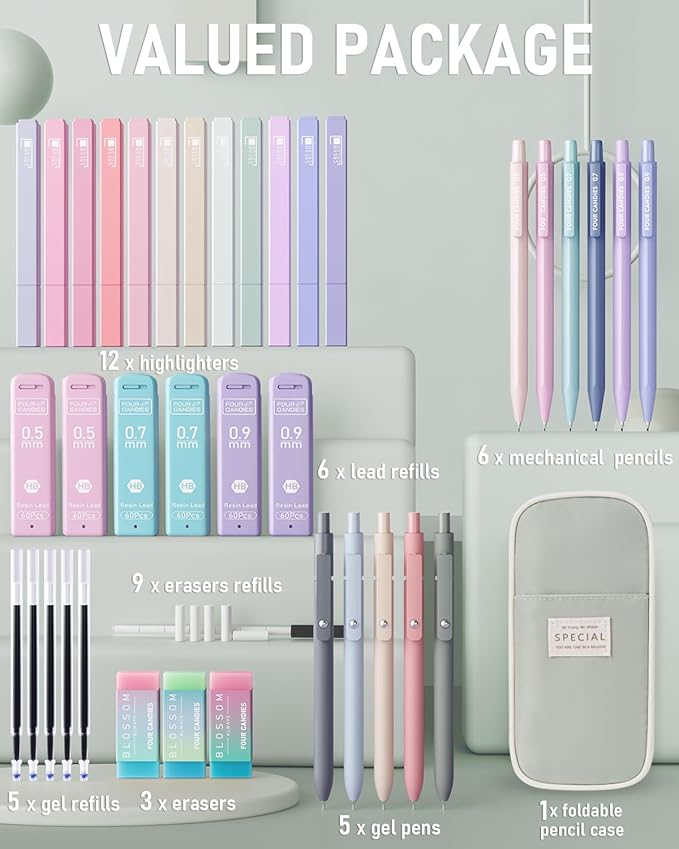 Four Candies 39 PCS Aesthetic School Supplies with Cute Pen Case, 12 Pastel Highlighters, 5 Black Ink Gel Pens, 6 Mechanical Pencils Set 0.5 & 0.7 mm for Students Stationary College Essentials (Green)