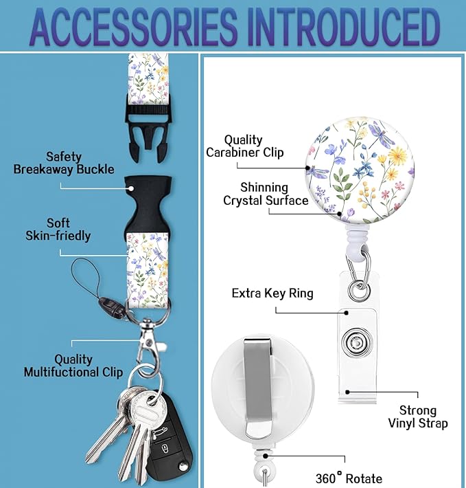ID Badge Holder with Retractable Lanyard and Keychain, Badge Reel with Rotate Carabiner Clip,Dragonfly Meadow Card Name Tag Lanyard ID Protector Bage Clips for Student, Women, Office