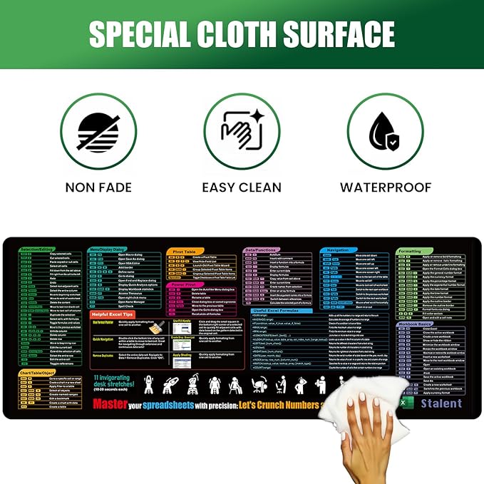 Excel Cheat Sheet Desk Pad, Updated Shortcuts & Gaming Desk Mat (31.5"x11.8") | Non-Slip, Spill-Proof, Black Fabric & Rubber Mat | Employee Appreciation Gift