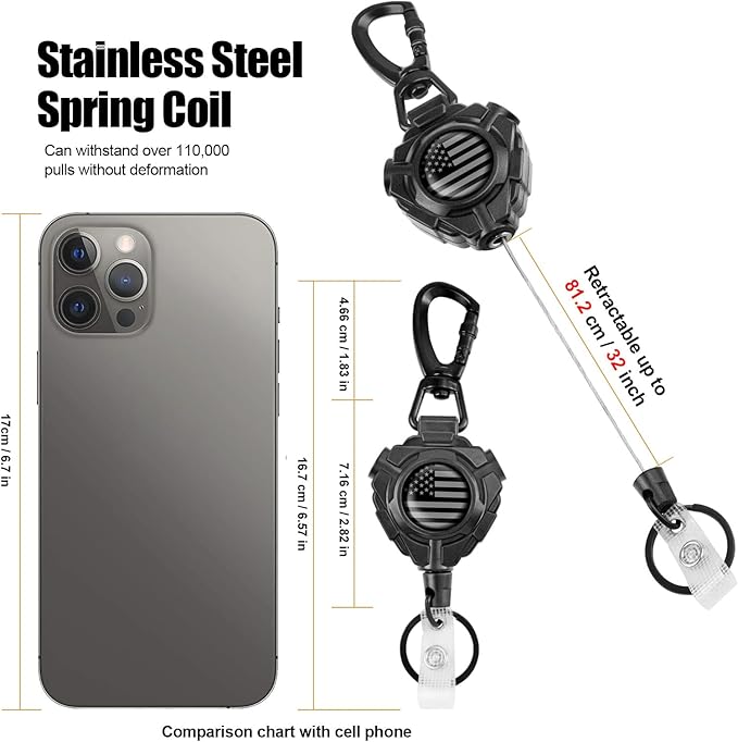 bolimoss 2 Pack Retractable Keychain with Belt Clip, Heavy Duty 360° Swivel Carabiner Key Chains, Impact Resistance ID Badge Reels with 31.5” Wire Rope and Key Ring, Up to 10 oz (US Flag