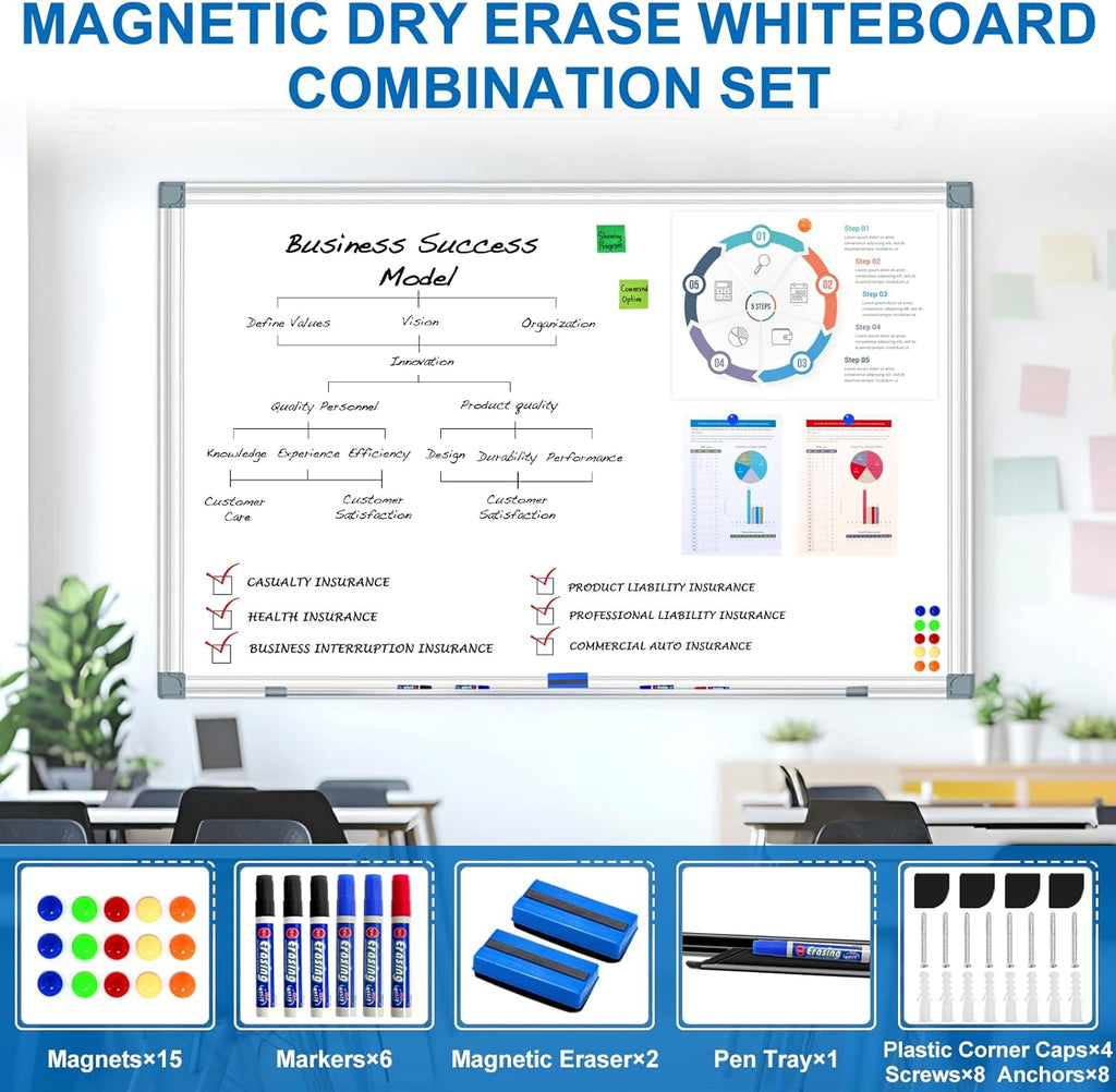 H-Qprobd 6'x4' Large Magnetic White Board Dry Erase Whiteboard with Aluminum Frame, 72"X48" Hanging White Boards for Wall with Long Pen Tray, Presentation Board for Office Classroom Home