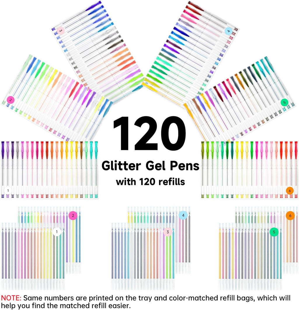 Shuttle Art 240 Pack Glitter Gel Pens, 120 Colors Glitter Gel Pen Set with 120 Refills for Adult Coloring Books Craft Doodling