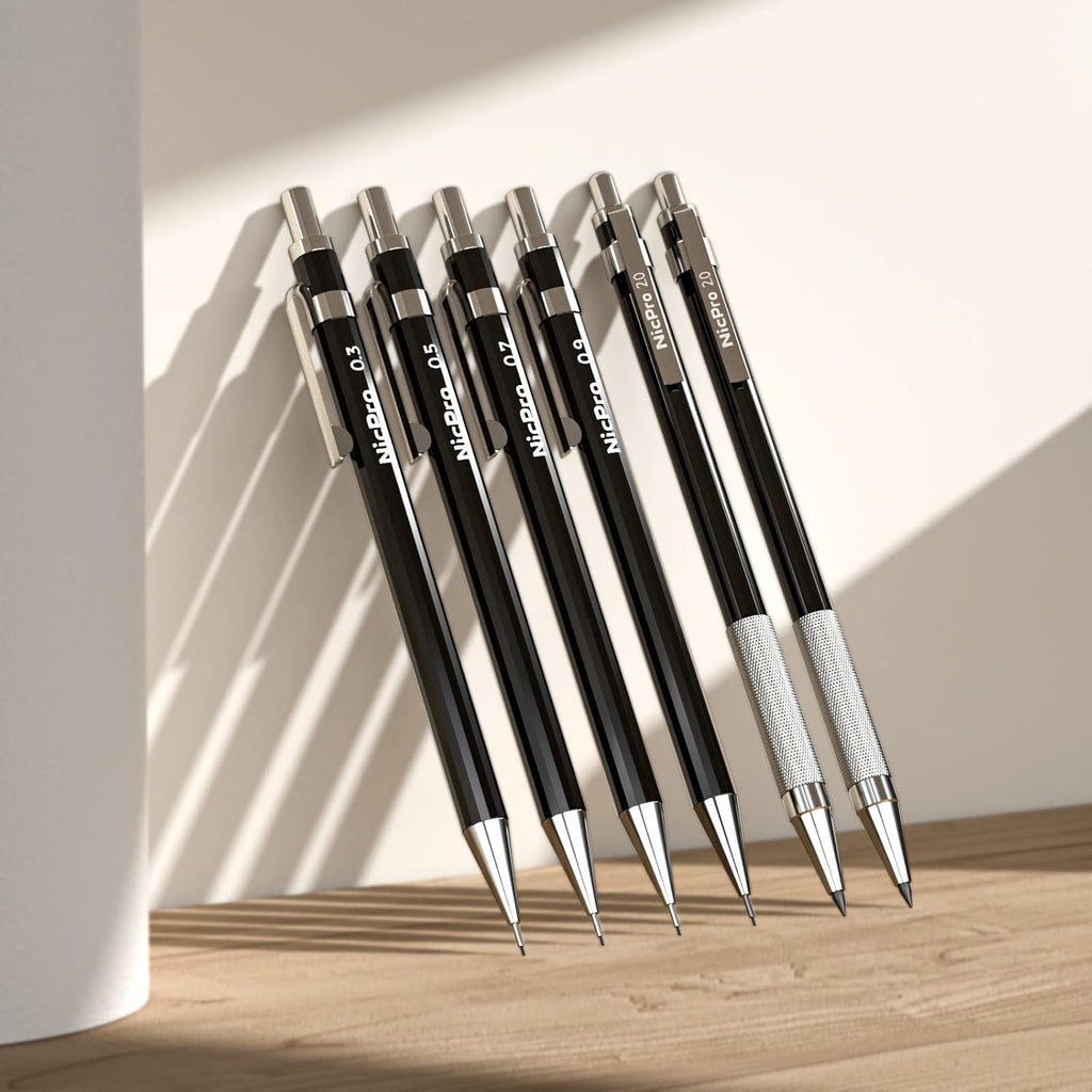 Nicpro 6 PCS Art Mechanical Pencil Set, Black Metal Drafting Pencil 0.3, 0.5, 0.7, 0.9 mm & 2PCS 2mm Graphite Lead Holder(4B 2B HB 2H) For Writing Sketching Drawing With 8 Lead Refills Eraser Case