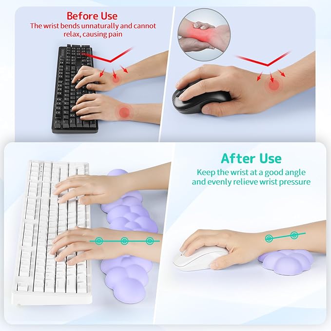 Cloud Wrist Rest Keyboard, Cloud Palm Rest Set with PU Leather Memory Foam, Cute Keyboard Rest for Wrist Support and Arm Rest, Desk Cloud Wrist Pad for PC/Gaming/Hand Cushion/Computer-Purple