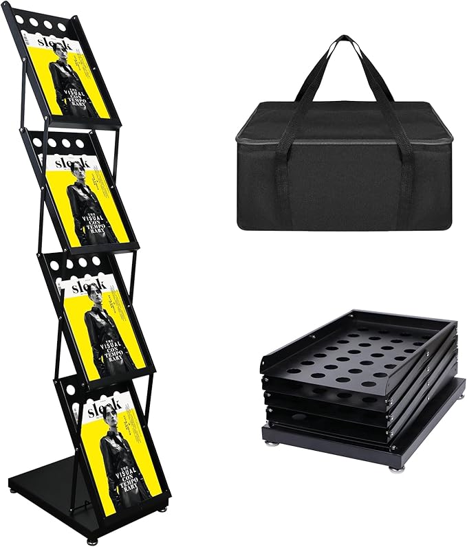 4 Pockets Folding Magazine Rack，Floor Metal Black Literature Rack with Case Brochure Stand Literature Stand Catalog Holder Stand Flyer Display Stand for Trade Show Exhibition Office Retail