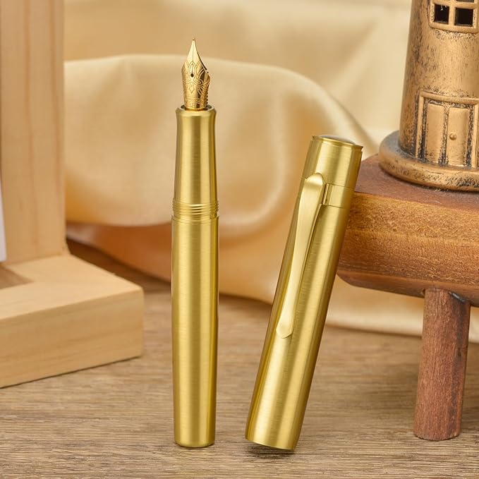 Hongdian M2 Black Forest Mini Fountain Pen, Medium Soft Golden Nib & Sleek Shape Brass Short Pocket Travel Pen (Glossy Brass)