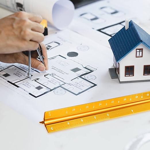 Architectural Scale Ruler, Imperial Measurements 12'', Laser-Etched Aluminum Architect Triangular Ruler Gold for Architects, Students, Draftsman, and Engineers by mveohos