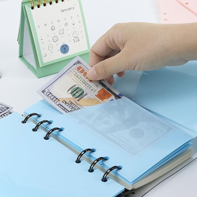 A6 Binder Pockets with No Zipper, Koqye Blue 10 Pcs Plastic Zipless Budget Envelopes, Two Pockets Frosted Cash Envelopes Money Bag for Budgeting, Cash Stuffing (Light Blue)