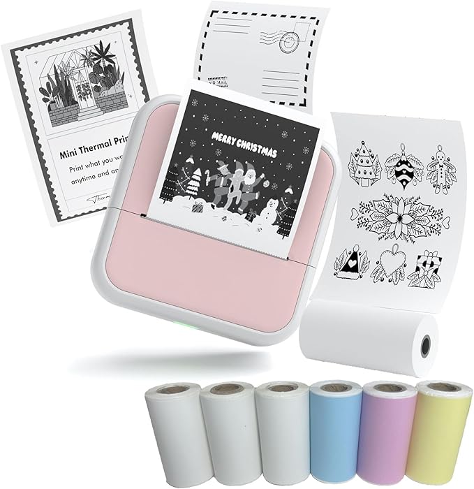 Mini Printer Sticker Printer Bluetooth for Phone Portable Thermal Print for Photo,Note,Journal,Memo,with 6 Rolls Thermal Paper（Pink）