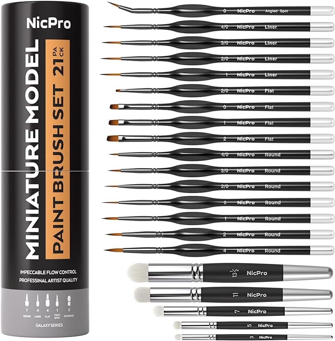 Nicpro Miniature Paint Brushes Drybrush - 21PCS Model Paint Brush Set for Acrylic Watercolor, Detail Paint Brush Dry Brush for 40k Model, Miniature Painting, Citadel, DND Miniatures - with Container
