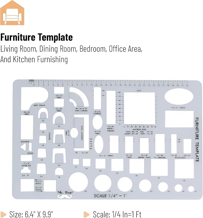 Mr. Pen- House Plan, Interior Design and Furniture Templates, Drafting Tools and Ruler Shapes for Architecture - Set of 3