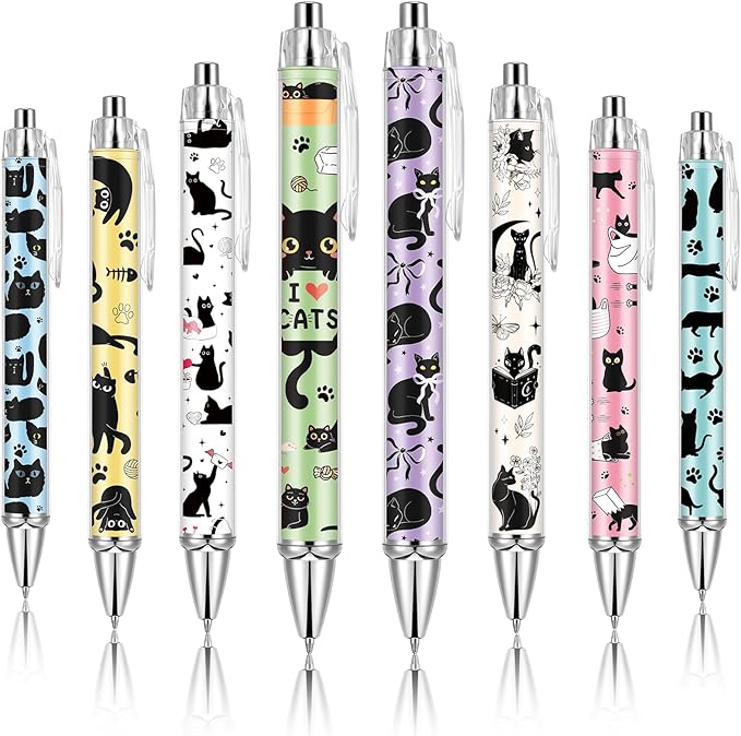Ireer 8 Pcs Ballpoint Pens for Women 1.00 mm Cute Black Ink Fancy Pens Fine Point Smooth Writing for Journaling Aesthetic Office Supplies (Black Cat)