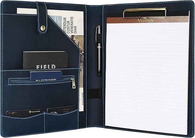 Personalized Leather Portfolio for Men, Engraved Leather Clipboard Portfolio Binder, Custom Leather Resume Padfolio for Women, Christmas Gift for His/Her (Clipboard, Blue-Custom)