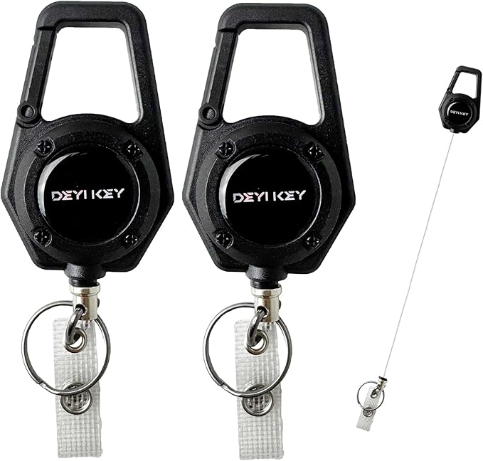 Retractable Keychain Heavy Duty, Multitool Carabiner Badge Holder, Retractable Keychain Clip Id Holder, Tactical ID Badge Reel with 29.5" Steel Retractable Cord, 2Pack Black