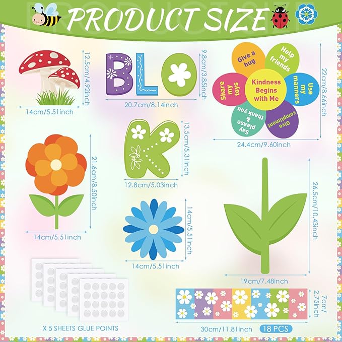 Kosiz Spring Kindness Bulletin Board Decorations Set Flower Paper Cutouts Bloom with Kindness Colorful Butterfly Bee Bird Classroom Decorations with Floral Border for School Chalkboard Wall Door Home