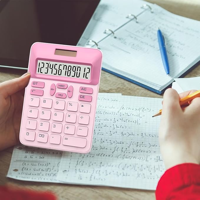 Pink Calculator, Standard Calculator,Basic Office Calculator with 12 Digit LCD Display,Pink Office Supplies,Cute Calculator for Office, Home, School,Shop