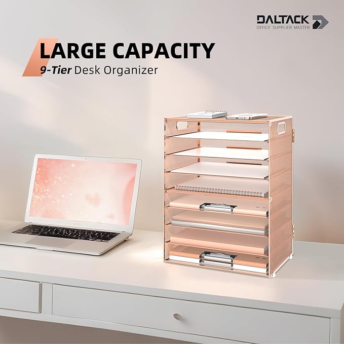 DALTACK 9-Tier Paper Letter Tray Desk Organizer with Handles, Mesh File Holder Organization, File Organizer for Desk Paper Sorter for Office Home School, Gold Rose