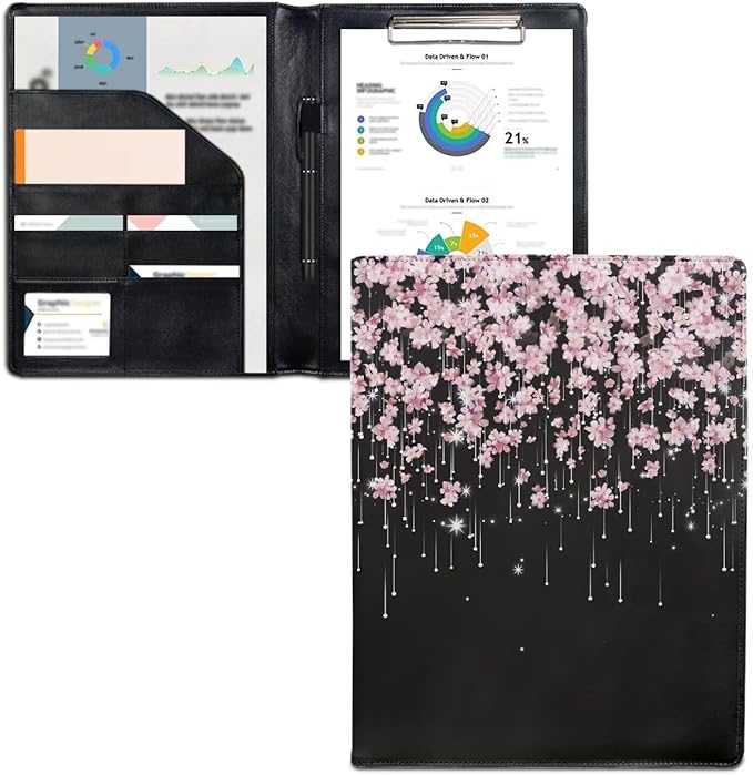 Office Folder Cherry Blossom Pink Print PU Leather Padfolio with A4 Size Clipboard Clip for Business Resume Interview Document Sleeve Binder Folder for Men/Women