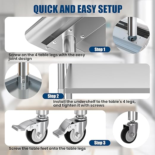 Stainless Steel Table with Wheels 18 x 60 Inches Metal Prep Table with Backsplash & Caster, Adjustable Undershelf for Commercial Kitchen, Outdoor, Restaurant, Hotel & Garage