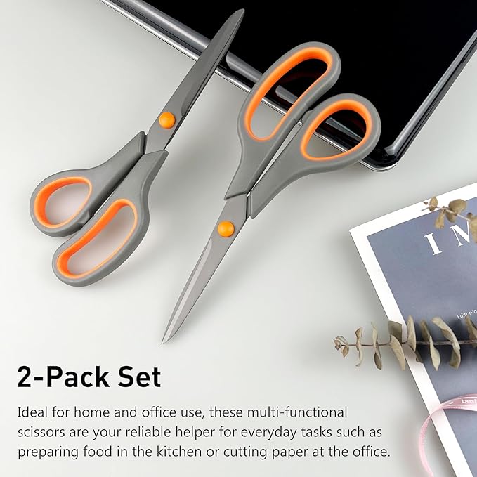 All-Purpose Scissors Bulk 2-Pack - Ultra Sharp 2.5mm Thick Blade Shears with Comfort-Grip Handles for Home and Office, Suitable for Right/Left Handed Use