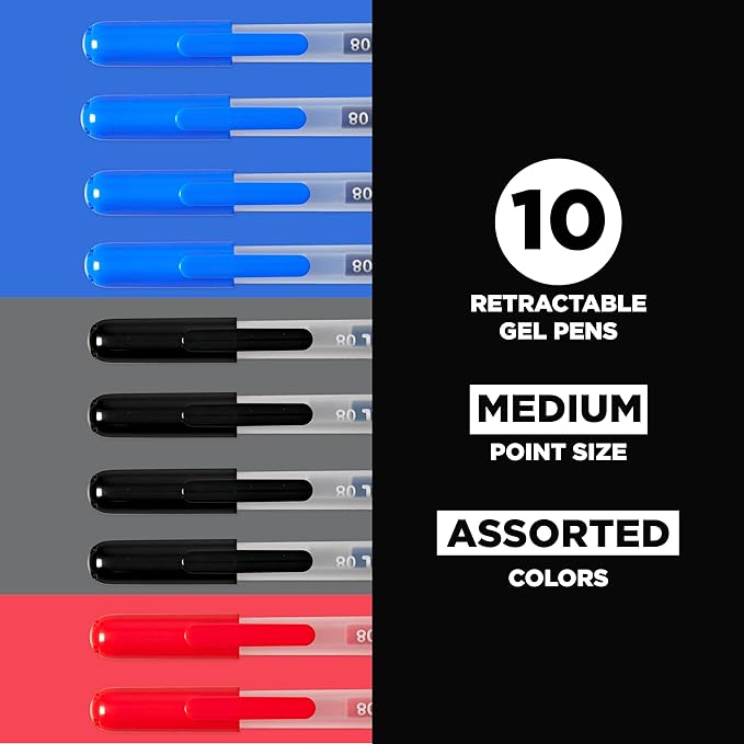 SAKURA Gelly Roll Retractable Gel Pens Colored - Classic Color Set - Medium Point Ink Pen for Journaling, Art, or Drawing - Colored Gel Pens with Black, Blue & Red Ink - 10 Pack
