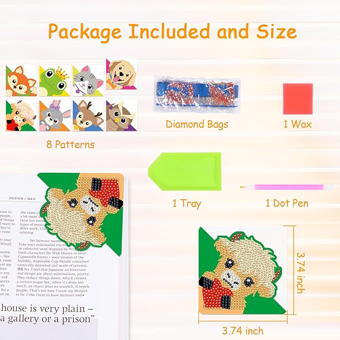 Anseal 8 Pcs Animals Diamond Art Painting Bookmark, Rhinestone Crystal Corner Bookmarks for Book Lovers, Triangle Embroidery Painting Arts Crafts Book Mark for Kids