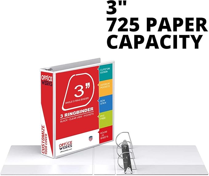 3 Ring Binders, 3 Inch Angle D-Rings, White, 4 Pack, Clear View, Pockets