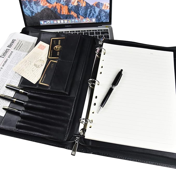 Free Engraved Name, Custom Ring Binder Portfolio, Professional Padfolio Vegans Leather, Document Organizer Folder, Zippered Organizer for 8.5 * 11 inch A4 Letter Legal Pad, Gift for Women/Men, Black