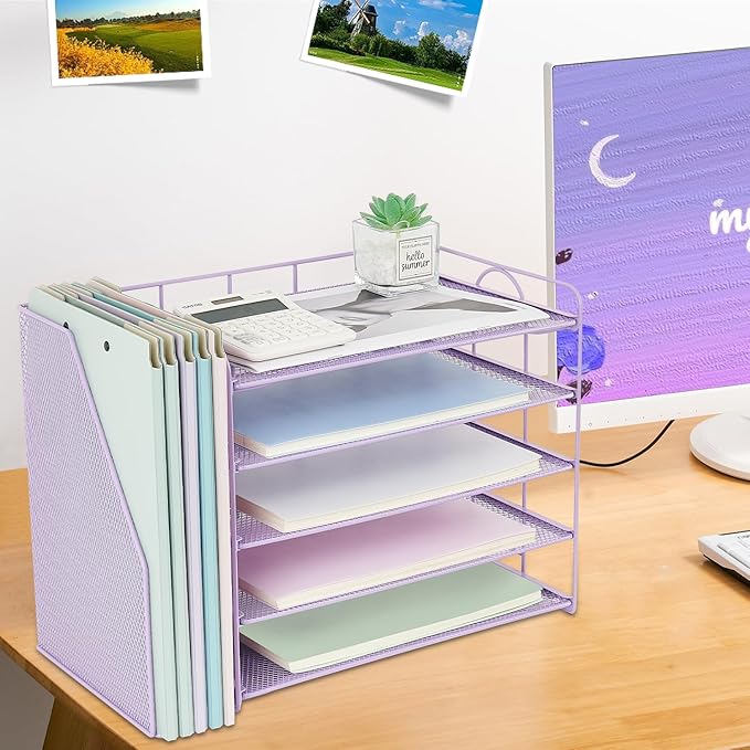 OPNCIE Desk Organizers and Accessories, 5 Tier Paper Letter Tray File Organizer, Office Organization Storage Desk Accessories Workspace Desktop Organizer for Classroom Office Supplies Decor(Purple)
