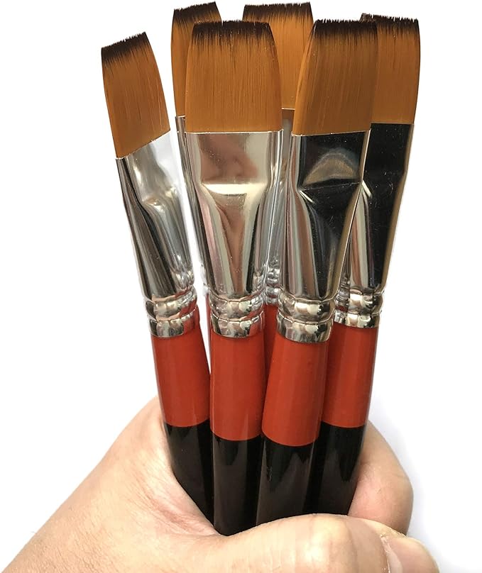 3/4 Inch Flat Bright Paint Brush, Pack of 6, Premium Quality Synthetic Sable Hair for Acrylic Watercolor Oil Gouache Painting by Students, Professionals and Artists