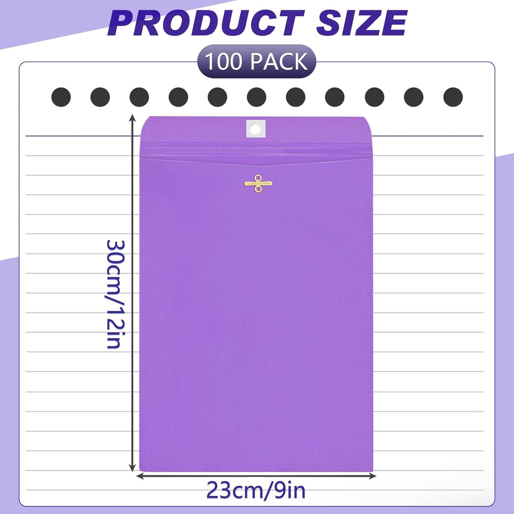 Geyee 100 Pcs Clasp Manilla Envelopes 9 x 12 Inch Gummed Colored Envelopes for Storing or Mailing for Home Office Business Supplies(Purple)
