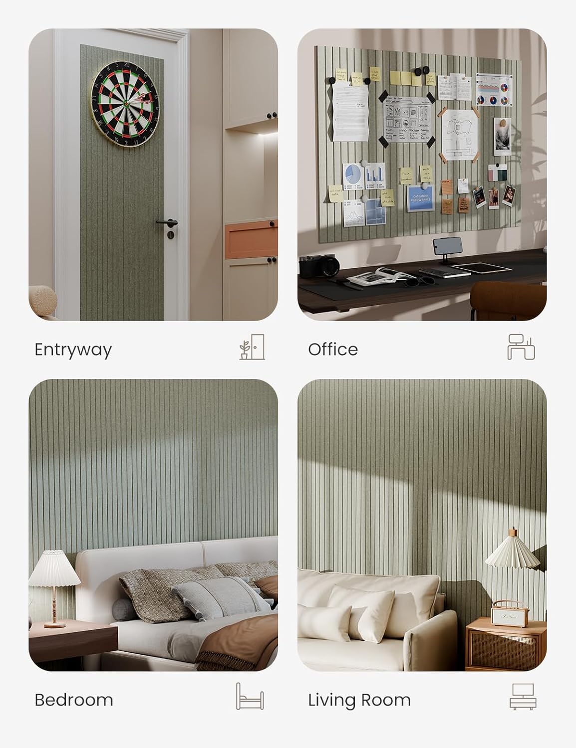 Bumusty Large Cork Board Alternative-47 x35 Felt Bulletin Board Tiles, with 30 Pushpins, 70 Adhesive Tabs, 12-Pack Slat Wall Paneling, Cork Boards for Office Push Pin Board Felt Board-Sage