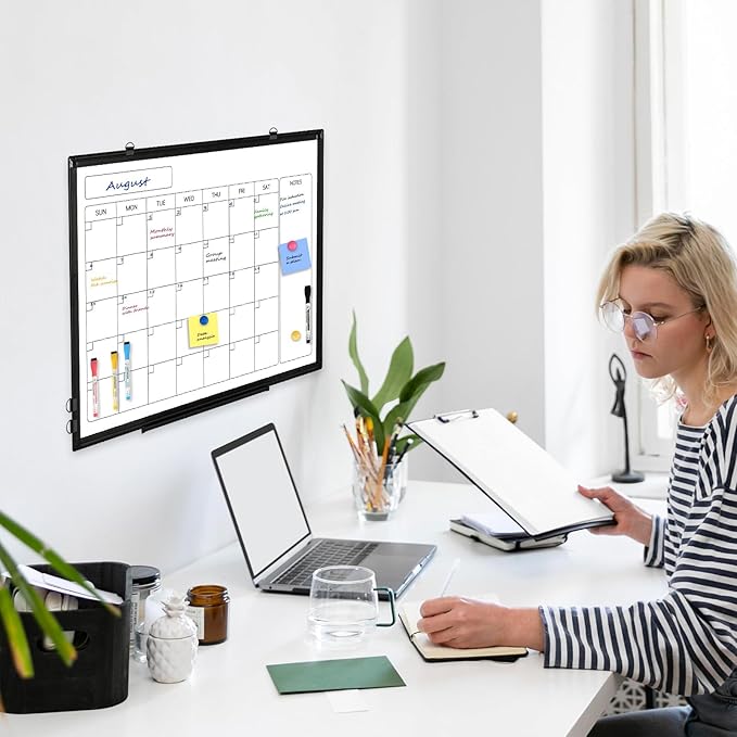 Monthly Calendar Dry Erase Whiteboard, 30" x 20" Magnetic Calendar White Board, Double-Sided Portable Board with Black Aluminium Frame for Office, Kitchen, School, Home
