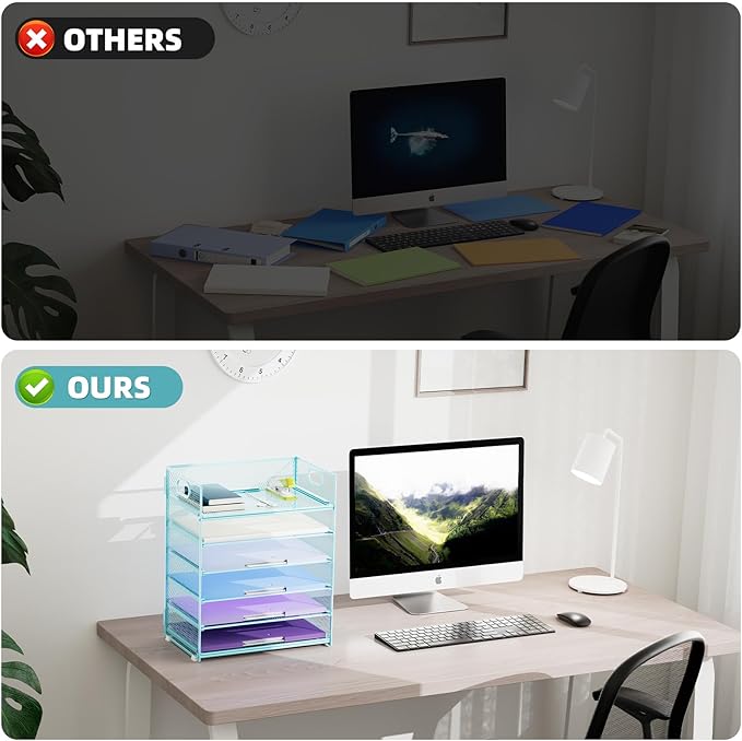 Marbrasse 6 Tier Paper Organizer Letter Tray - Mesh Desk File Organizer with Handle, Paper Sorter Organizer for Letter/A4 Office File Folder Holder -Blue