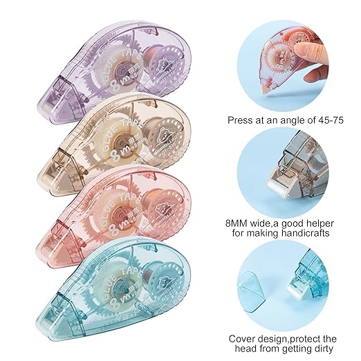 4 Pack Double Sided Tape Roller, Scrapbook Supplies, Glue Tape Roller for Crafts, Double-Sided Adhesive Tape Runner for Scrapbooking, School Office Journaling Supplies (0.31 in X 26.25 ft)