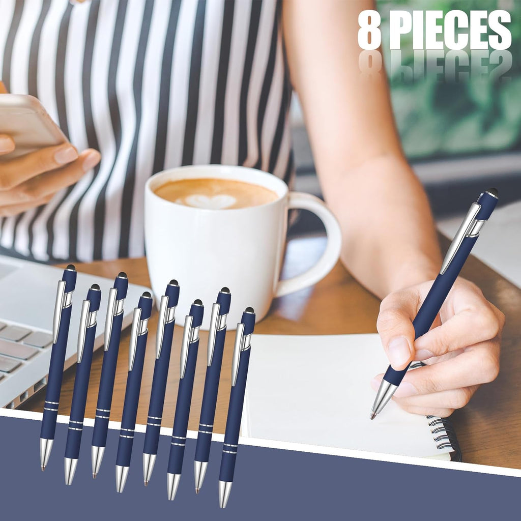 8 Pcs Blue Ink Ballpoint Pen with Stylus Tip 2 in 1 Stylus Ballpoint Pen Metal Pens Stylus Pen for Touch Screens School Office Coworkers (Navy Blue)