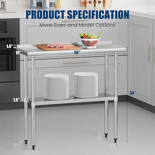 Stainless Steel Table 14 x 36 Inches Metal Prep Table with Backsplash & Adjustable Undershelf for Commercial Kitchen, Outdoor, Restaurant, Hotel & Garage