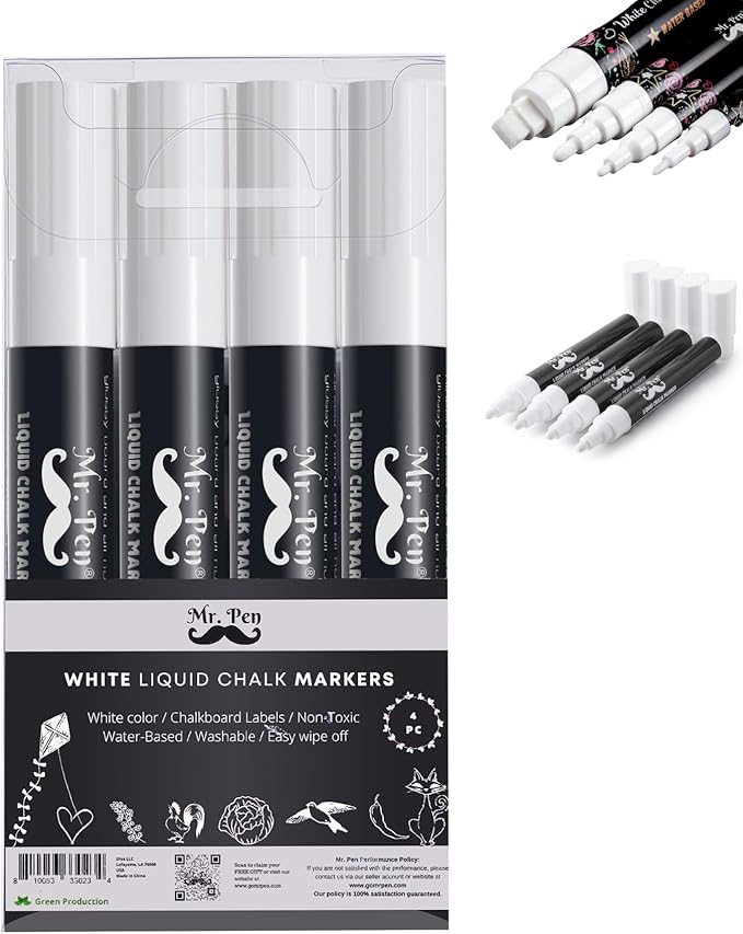 Mr. Pen- White Chalk Markers, 4 Pack, Dual Tip, 8 Assorted Colors, For Non-Porous Surfaces, Reversible Chisel and Bullet Tip